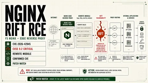 NGINX Rift CVE-2026-42945 rewrite module vulnerability diagram