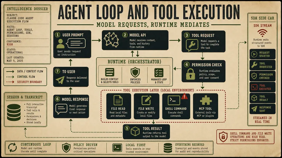 Claude Code agent loop diagram showing model requests tool execution permission checks SDK streams and transcript updates