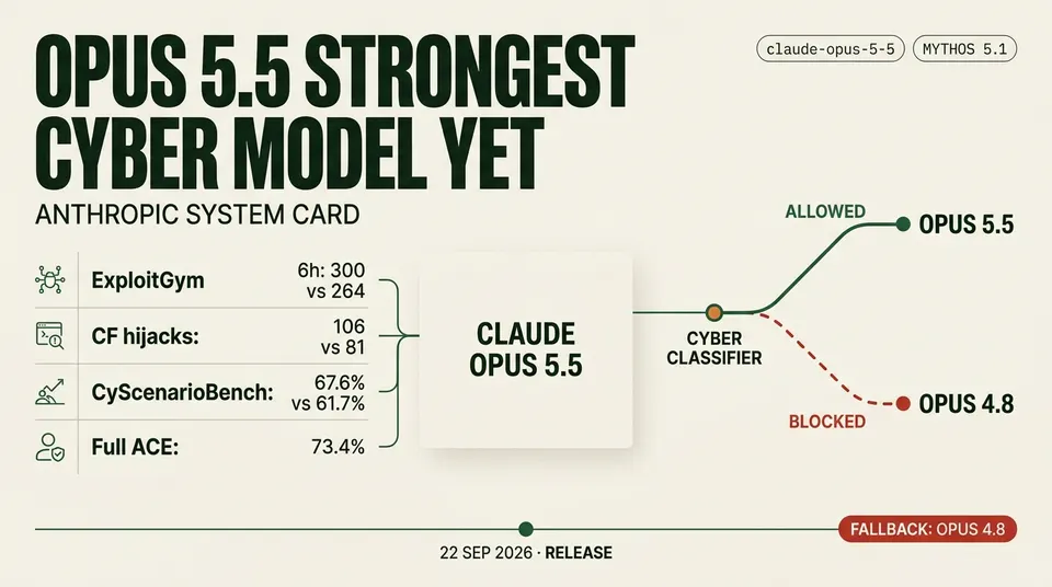 Data poster: Claude Opus 5.5, Anthropic's strongest cyber model yet, against Mythos 5.1 on ExploitGym 300 vs 264 exploits at six hours , control-flow hijacks 106 vs 81 and CyScenarioBench 67.6% vs 61.7% , with 73.4% full code execution on ExploitBench. A cyber classifier sends blocked requests to Opus 4.8.