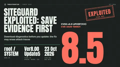 Data graphic: SiteGuard Server Edition CVE-2026-106931, CVSS v4.0 8.5 JPCERT/CC , stamped exploited and in CISA KEV; runs as root or SYSTEM, fixed in Ver8.00 Update5, CISA due 23 Oct 2026.