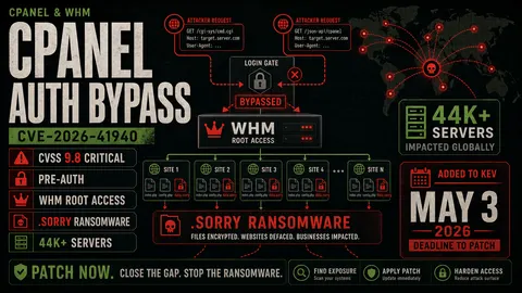 ThreatFrontier poster showing cPanel CVE-2026-41940 authentication bypass and Sorry ransomware impact