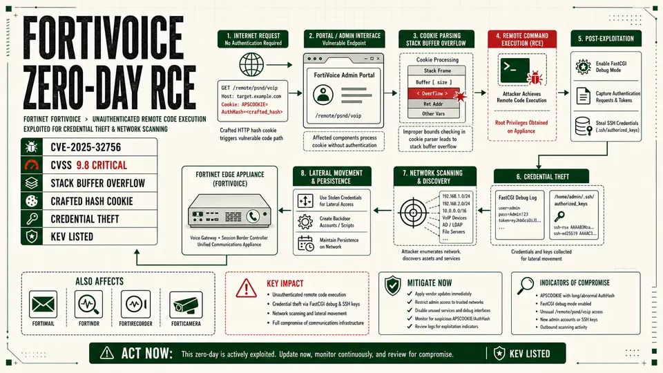 FortiVoice CVE-2025-32756 zero-day RCE credential theft and network scanning diagram