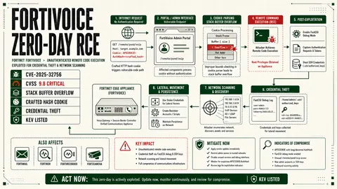 FortiVoice CVE-2025-32756 zero-day RCE credential theft and network scanning diagram