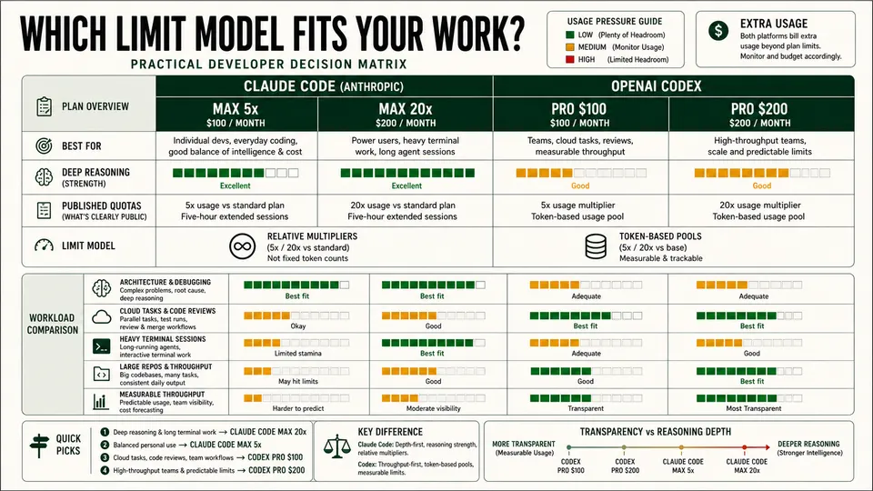 Developer decision matrix for Claude Code and OpenAI Codex limits and workflows