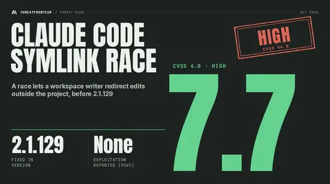 Data graphic: Claude Code symlink race CVE-2026-103435 rated CVSS v4.0 7.7 High; affected before 2.1.129, fixed in 2.1.129.
