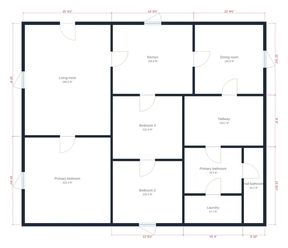 FloorGen 2D render of a ranch plan with walls, doors, windows, dimension strings and room areas. Bedroom 3 sits in the middle of the house with no exterior wall, and Bedroom 2's only door opens into Bedroom 3.