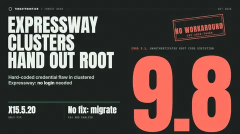 Data graphic: Cisco Expressway clusters hand out root. CVE-2026-76466 is rated CVSS 9.8 critical unauthenticated root code execution through a hard-coded credential flaw , stamped "No workaround". The only fix is X15.5.20, and X14 and earlier have no fix and must migrate.