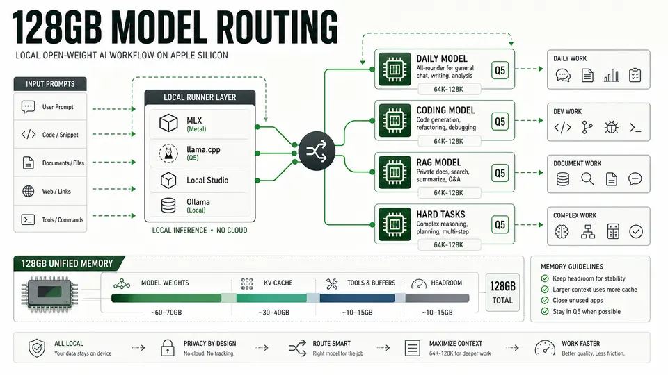 Protocol schematic showing 128GB local AI model routing for coding RAG reasoning and hard tasks