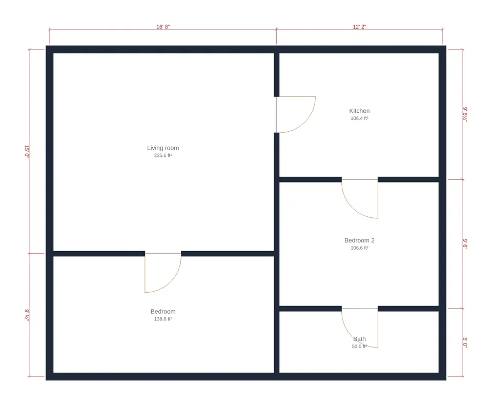 FloorGen-generated 2D plan of five rectangular rooms packed into one rectangle: living room 235.6 sq ft, bedroom 138.8, kitchen 106.4, bedroom 2 106.6 and bath 53.0, with four interior doors, no windows and no front door.