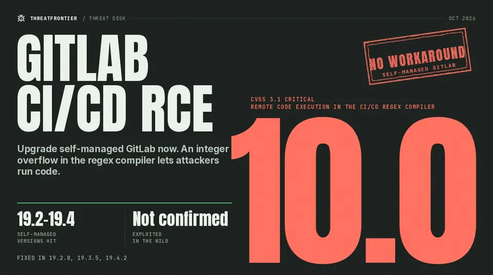 CVSS 10.0 stamp poster for GitLab CVE-2026-97229 with a No workaround stamp