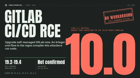 CVSS 10.0 stamp poster for GitLab CVE-2026-97229 with a No workaround stamp