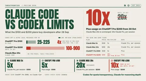 Data graphic: Claude Code vs Codex limits. ChatGPT Pro $200 drops from 20x to 10x Plus usage from 30 Oct, while Claude Max 20x stays at 20x Claude Pro per session. Bars show published Codex GPT-6 Astra limits of 25–225 local messages per 5 hours on ChatGPT Pro $100 and 100–900 on Pro $200 until 29 Oct, next to tier cards for Claude Max 5x and 20x $100 and $200 and ChatGPT Pro $100 and $200.