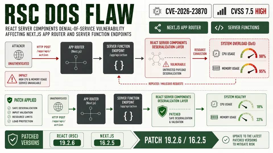 React Server Components CVE-2026-23870 denial-of-service path affecting Next.js App Router