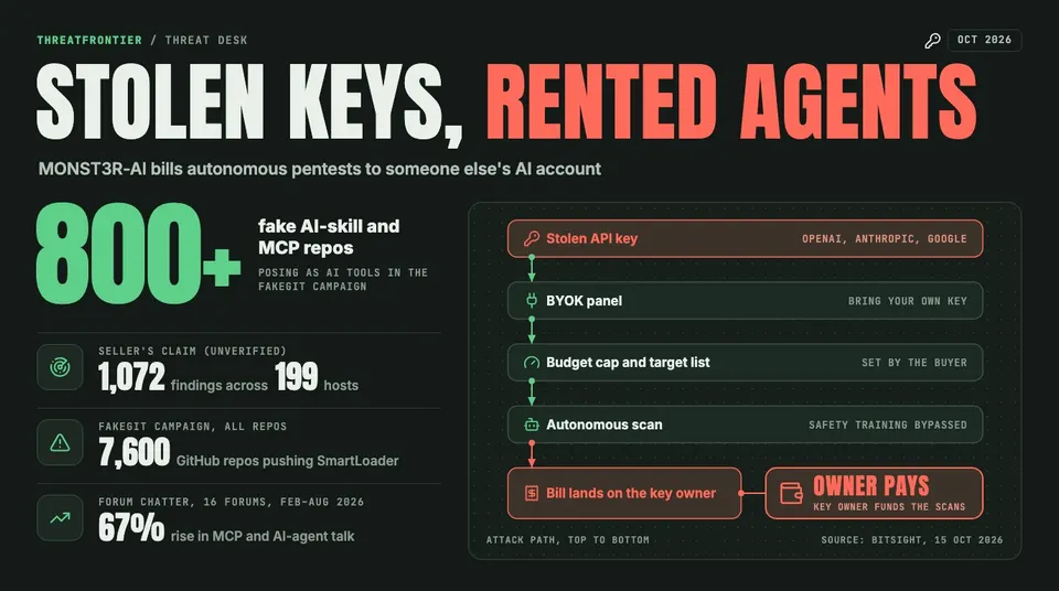 Data graphic: "Stolen keys, rented agents" shows how MONST3R-AI works: a stolen OpenAI, Anthropic or Google API key goes into a bring-your-own-key panel, the buyer sets the budget cap and target list, an autonomous scan runs with safety training bypassed, and the bill lands on the key owner, who pays. Beside it: 800+ fake AI-skill and MCP repos in the FakeGit campaign of 7,600 GitHub repos pushing SmartLoader, the seller's unverified claim of 1,072 findings across 199 hosts, and a 67% rise in forum talk of MCP and AI agents across 16 forums, Feb to Aug 2026.