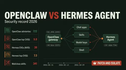Dark briefing graphic comparing OpenClaw and Hermes Agent: 722 advisories vs 39 CVEs, top CVSS 9.9 vs 7.3, 341 malicious skills