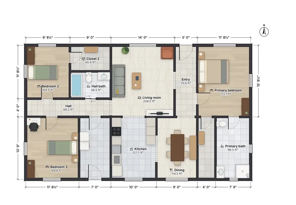 FloorGen 2D floor plan of a three-bedroom house with feet-and-inch dimension strings on every side, labeled rooms with areas, furniture, door swings and a north arrow