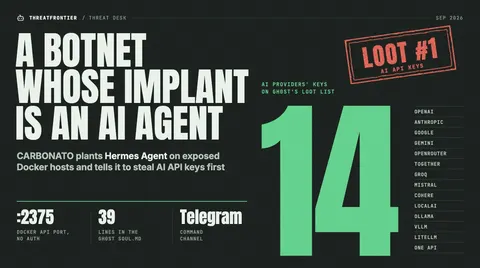 Data graphic: the CARBONATO botnet installs an AI agent as its implant, and the agent's persona puts the API keys of 14 AI providers, from OpenAI and Anthropic to self-hosted Ollama and vLLM, at the top of its loot list "loot #1" . It gets in through the unauthenticated Docker API on port 2375, uses a 39-line SOUL.md persona and takes orders over Telegram.