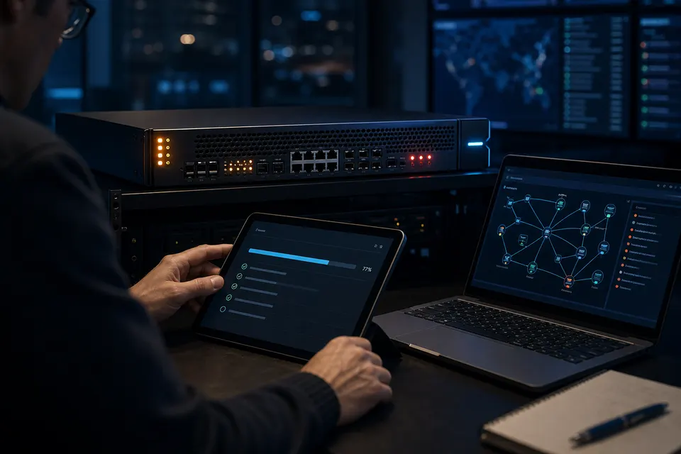 Technician performing urgent integrity checks and remediation on an internet-facing Ivanti Connect Secure remote-access gateway after CISA KEV listing of CVE-2025-22457