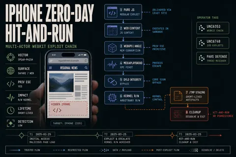 Illustration of the DarkSword pure-JavaScript Safari watering-hole full chain on iOS 18, from compromised site to kernel and hit-and-run exfil