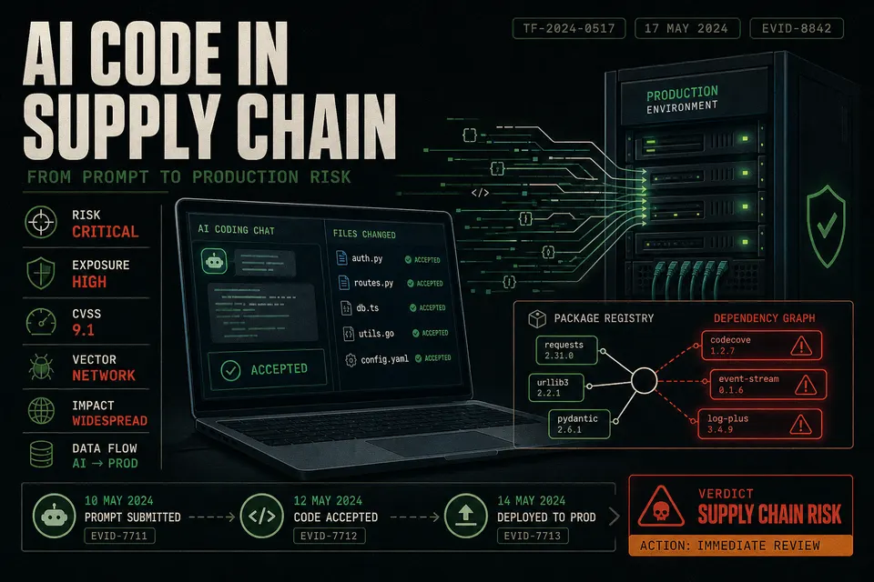 Illustration of AI-generated code being accepted into production while supply-chain package risks light up in red.