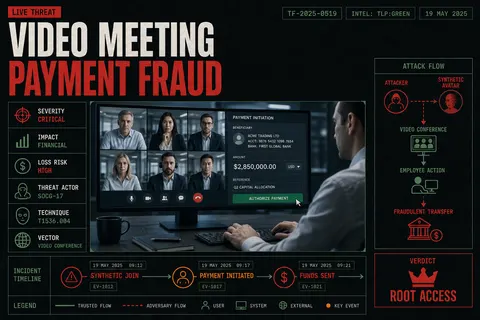 Editorial illustration of a finance video call where multiple photorealistic participants look subtly synthetic while an employee authorizes a high-value payment
