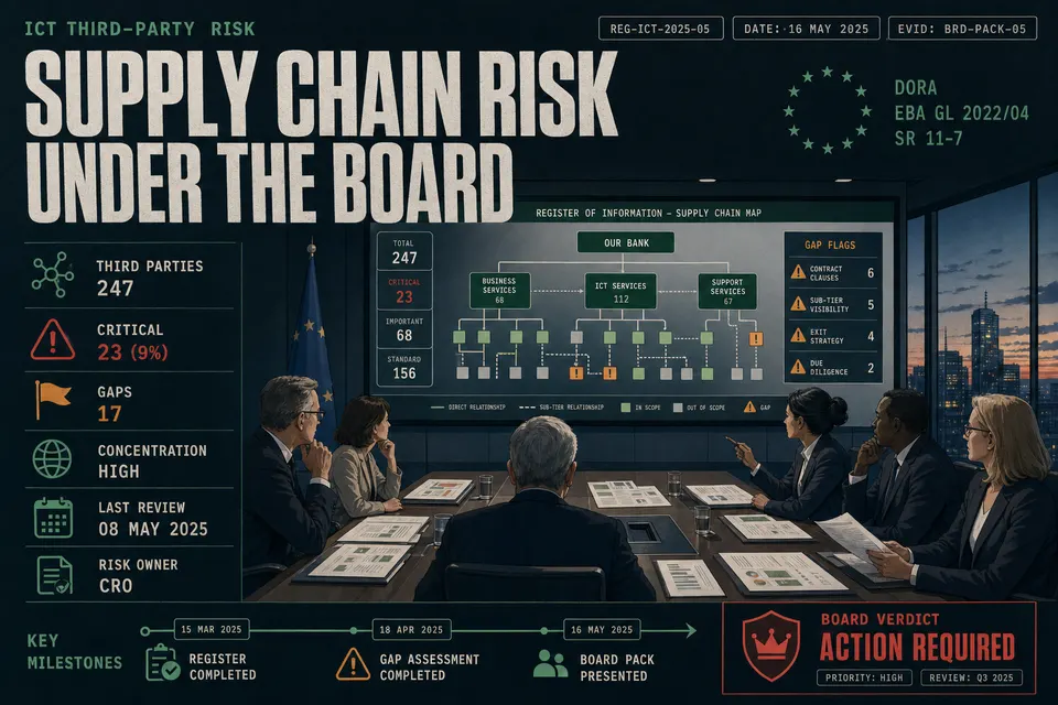European financial board reviewing ICT risk packs and Register of Information data during a DORA liability audit discussion