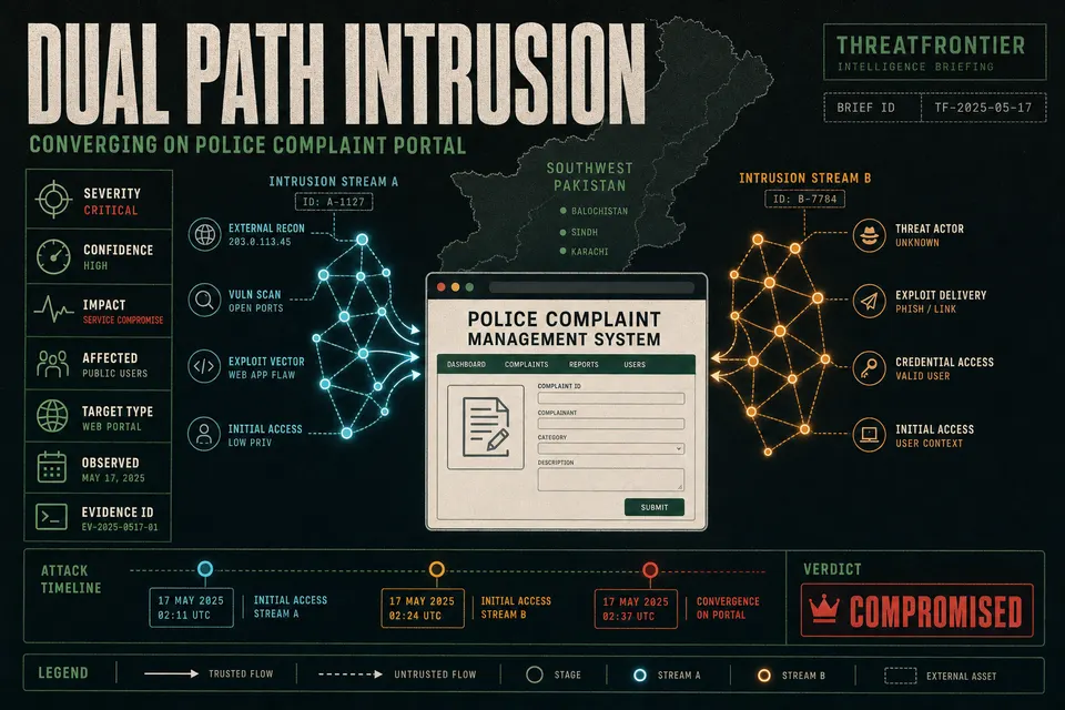 Abstract illustration of two separate state-linked cyberespionage paths converging on a Pakistani police complaint portal