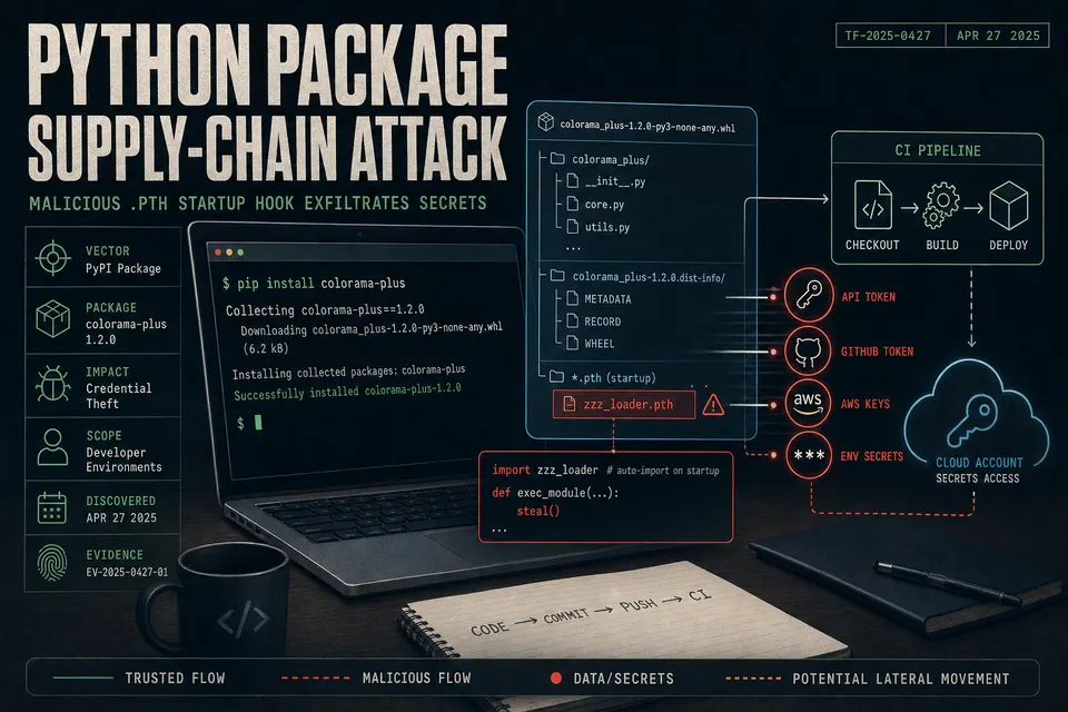Illustration of a malicious PyPI package installing via pip and planting a Python startup hook that can steal developer credentials and reach CI.