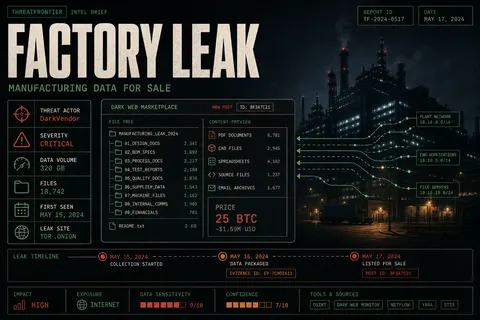 Editorial illustration of a dark-web leak dashboard over an electronics plant silhouette