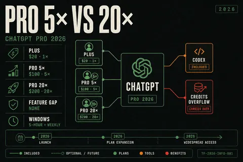 Briefing poster comparing ChatGPT Plus at $20 (1×), Pro 5× at $100 (5×), and Pro 20× at $200 (20×), with shared Pro features and five-hour plus weekly limit windows