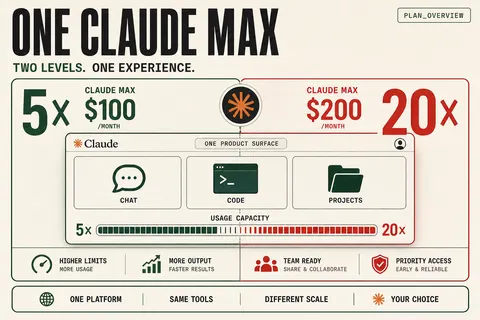 Diagram comparing Claude Max 5× at $100 and Max 20× at $200 as the same feature set with different usage capacity.