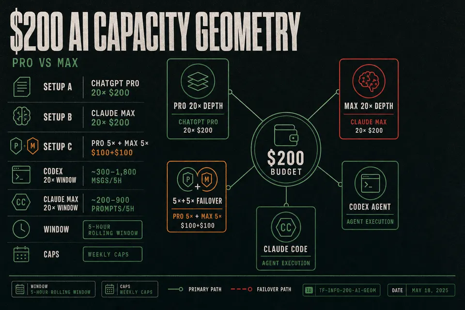 Hub-and-spoke briefing poster comparing three $200 AI setups: ChatGPT Pro 20×, Claude Max 20×, and a Pro 5× plus Max 5× split, with illustrative rate-window ranges and depth-versus-failover tradeoffs.