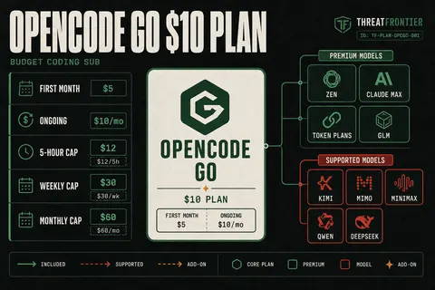 Dossier-style infographic of OpenCode Go pricing: $5 first month then $10 monthly, with $12 five-hour, $30 weekly, and $60 monthly dollar caps, plus comparison nodes for free client, Zen, and frontier alternatives.