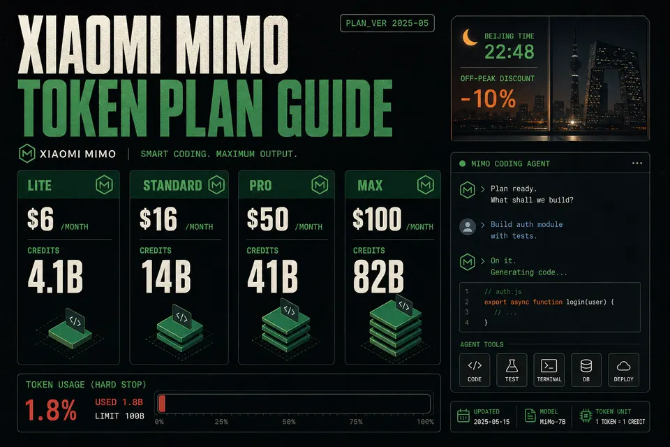 Four Xiaomi MiMo Token Plan tiers from Lite to Max with credit quotas and coding-agent interface