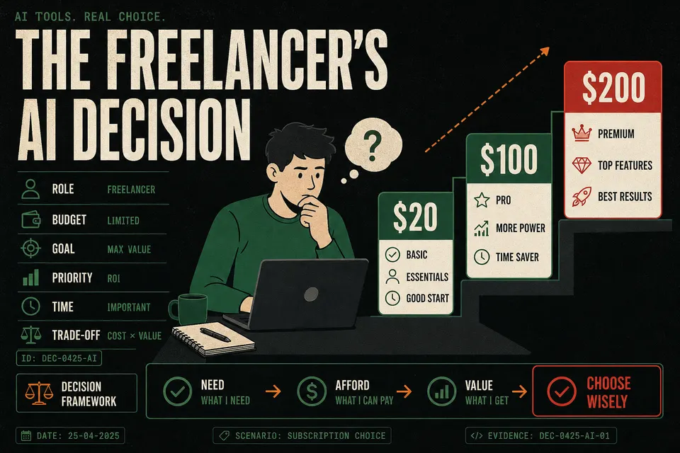 Illustration of a freelancer weighing $20, $100 and $200 monthly AI subscription tiers rising like steps.
