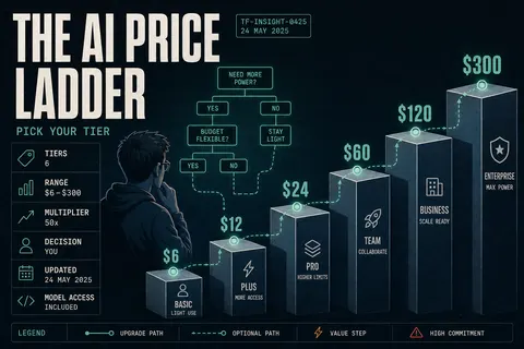 Illustration of an ascending AI-subscription pricing ladder from $6 to $300 with a solo developer weighing tiers.