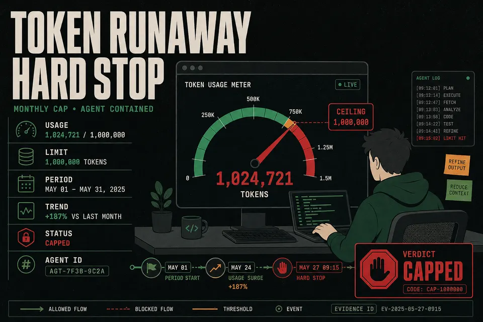Illustration of an AI coding agent's token usage hitting a flat-rate subscription cap instead of an unbounded bill.