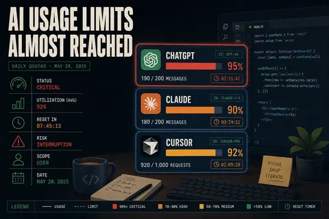 Three AI assistant usage dashboards for ChatGPT, Claude, and Cursor showing progress bars nearing their rate limits with reset countdown timers.