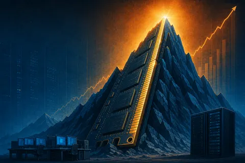 Illustration of a DDR5 RAM module depicted as a soaring price peak towering over small PCs and a server rack, symbolizing surging memory prices.