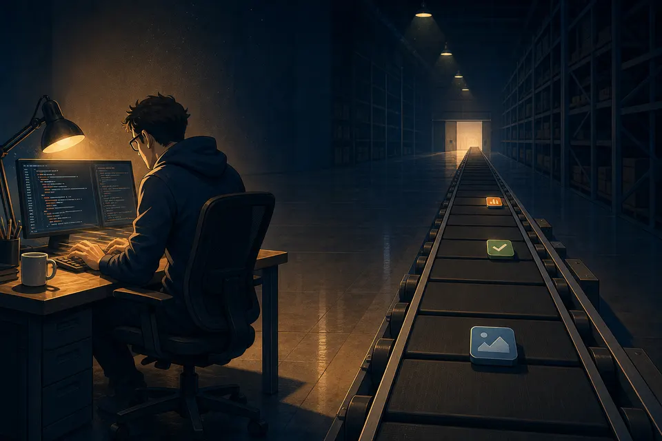 A developer typing rapidly while only a thin trickle of finished apps moves down an otherwise empty conveyor belt.