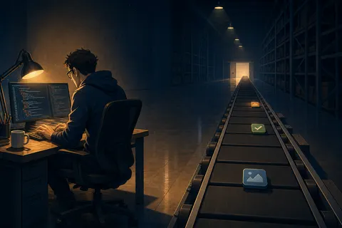 A developer typing rapidly while only a thin trickle of finished apps moves down an otherwise empty conveyor belt.