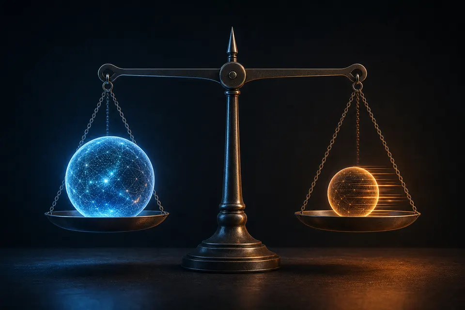 A balanced scale weighing a large premium AI model against a smaller, cheaper one that sits level with it, illustrating a match-not-beat positioning.