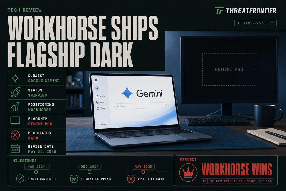 A laptop running Google's Gemini app beside a larger unlit monitor, illustrating the incremental Gemini 3.6 Flash release while the Pro flagship remains unshipped.
