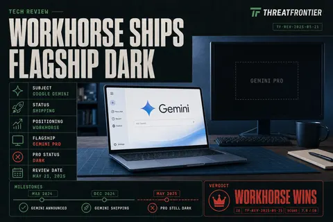 A laptop running Google's Gemini app beside a larger unlit monitor, illustrating the incremental Gemini 3.6 Flash release while the Pro flagship remains unshipped.