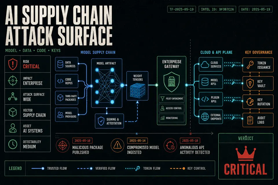 Technical conceptual diagram illustrating security attack vectors across open-weight model files and cloud API integrations.