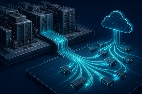 Conceptual editorial illustration showing cloud AI infrastructure and model migration pathways.