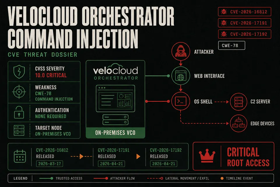Threat dossier infographic detailing CVE-2026-16812 unauthenticated command injection in Arista VeloCloud Orchestrator with CVSS 10.0 rating.