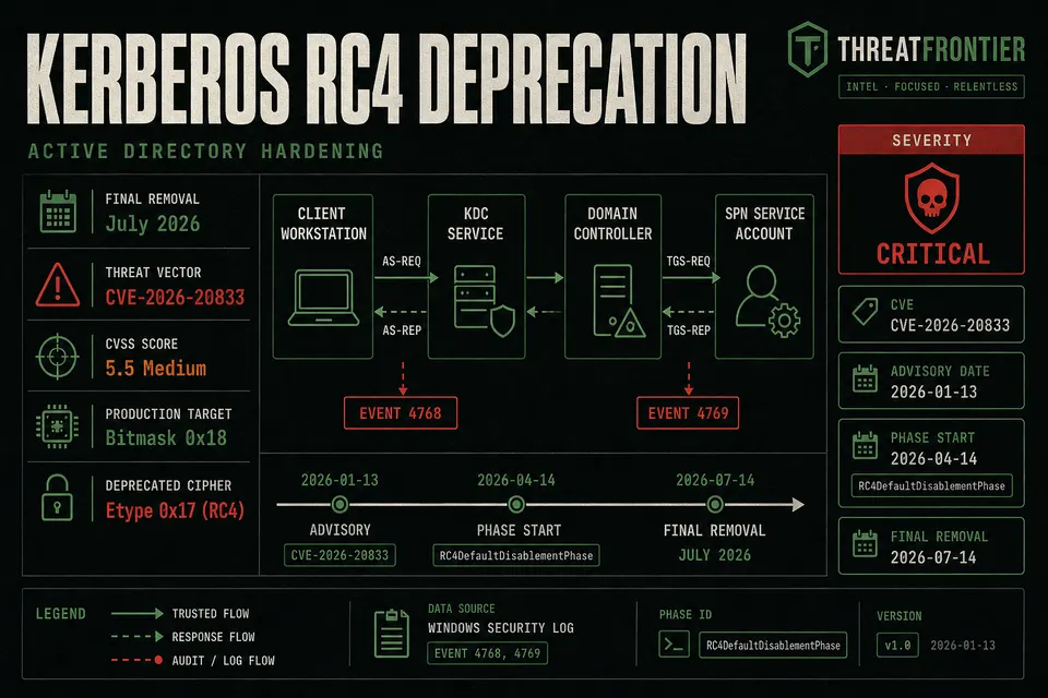 Infographic summarizing Active Directory Kerberos RC4 deprecation timeline, CVE-2026-20833 threat context, key bitmask values, and registry enforcement removal.