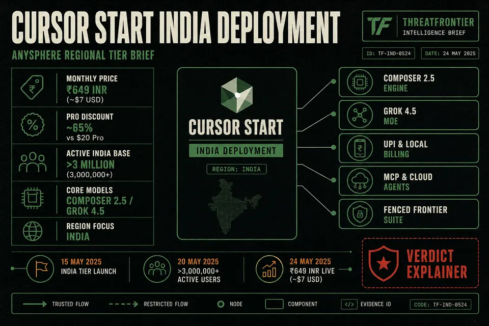Data graphic summarizing the Cursor Start India tier including its ₹649 INR monthly price, internal model routing with Composer 2.5 and Grok 4.5, and local payment features.