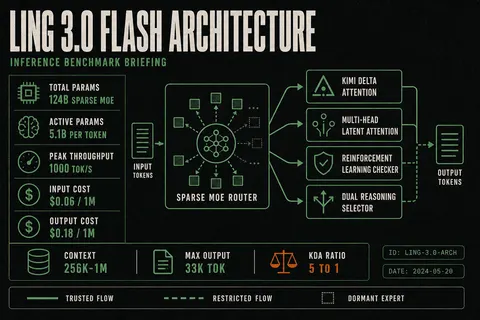Technical dossier graphic detailing Ling 3.0 Flash specifications, parameter counts, pricing metrics, and architectural components.